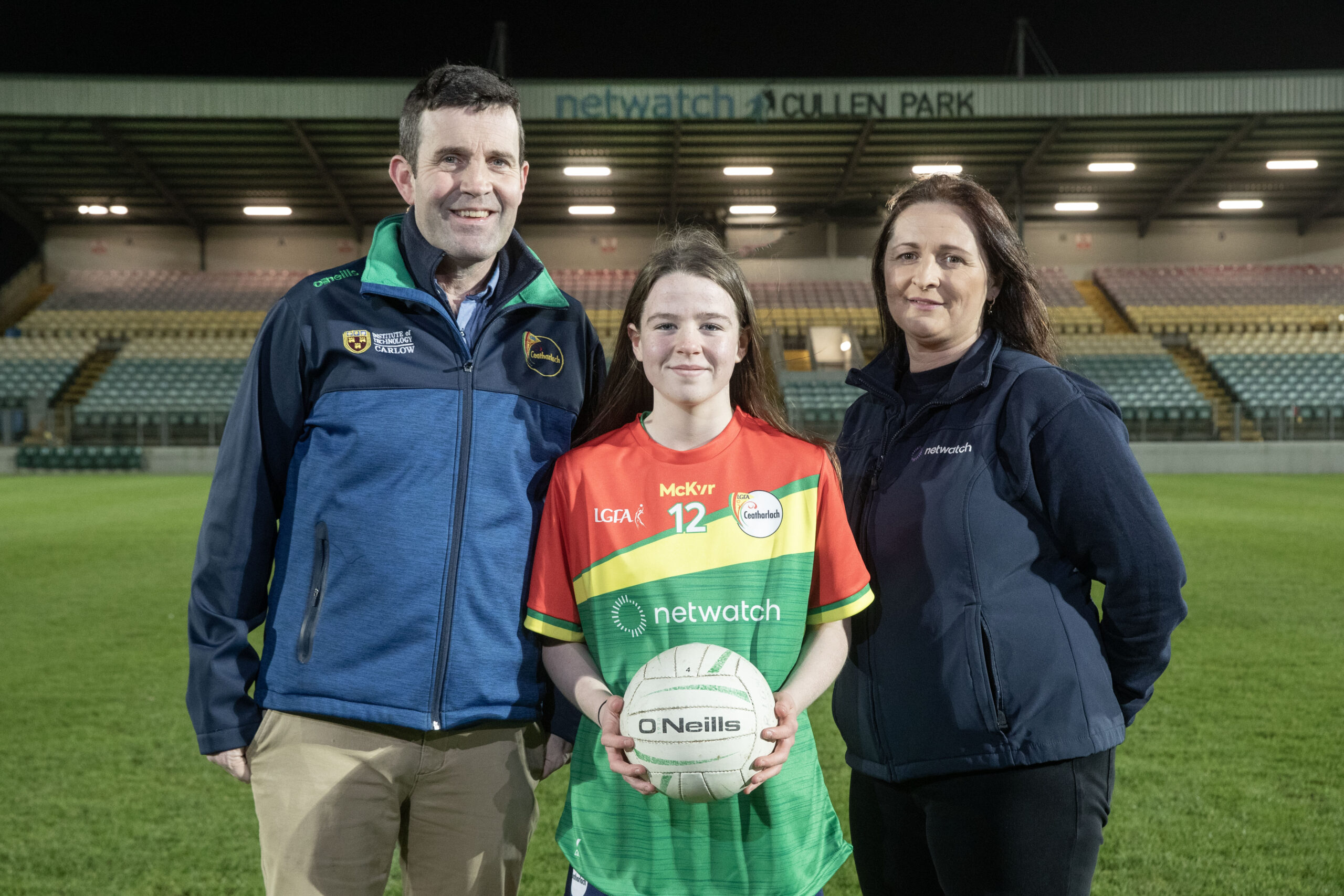 Colin Doyle Chairperson Carlow LGFA, Laura Mahon U14 player and Laura Murphy, Netwatch
